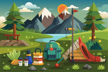 Camping Supplies Set Up In Front Of Mountains