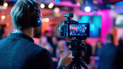 A journalist conducting a live interview using a mobile streaming device, with real-time