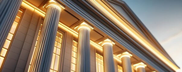 Obraz premium Stunning architectural detail of a classical building with illuminated columns, showcasing elegance and grandeur at sunset.