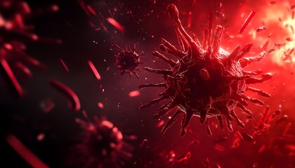 Vibrant depiction of a virus in red hues, showcasing its complex structure and the ominous nature of pathogens in dark space.