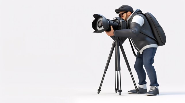 3D clipart of a photographer with a camera and tripod, ultra-sharp and clear