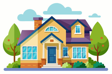 Fototapeta premium Yellow House with Purple Roof and Blue Door in a Lush Garden