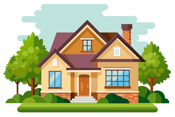 Fototapeta premium Suburban Home with a Brown Roof and Lush Green Trees