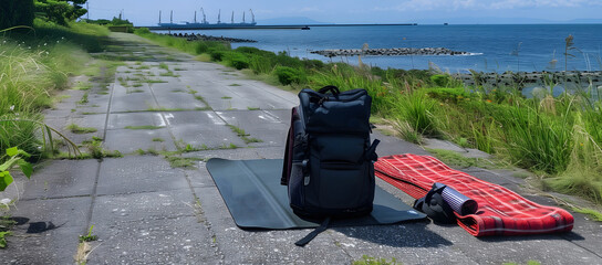 On the seaside path, there is an empty yoga mat and a black backpack on one side of it. The view looks out to the sea