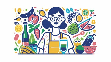 Fototapeta premium A woman with glasses smiles brightly as she prepares a green smoothie, surrounded by fresh fruits and vegetables, symbolizing healthy eating, nutrition, well-being, lifestyle, and positive energy.