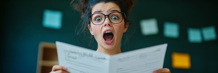 A woman with glasses looks shocked and surprised while reading a paper. The image conveys surprise, disbelief, excitement, and unexpected news, emphasizing reaction and emotion.