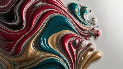Abstract swirl pattern of red, green, gold and white paint on a white background.