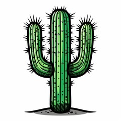 A simple, flat vector of a cactus, illustrated in a pop art style with exaggerated features and vibrant green color. The cactus is outlined in bold black lines and is positioned upright, isolated on