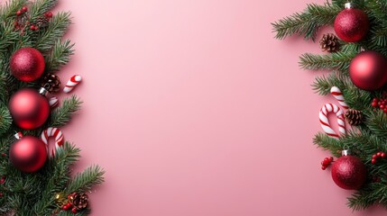 Christmas Background with Candy Cane, Fir Branches, and  Ornaments Flat Lay with Copy Space