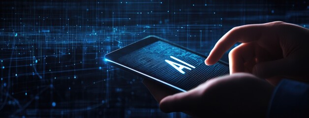 A hand interacts with a glowing digital tablet displaying AI, showcasing a futuristic approach to technology and artificial intelligence in a virtual space