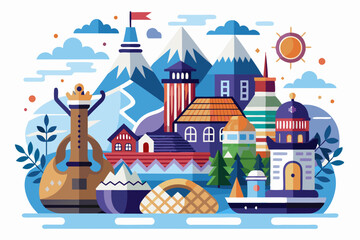 Flat Illustration of a Cityscape with Mountains, Houses, and a Boat