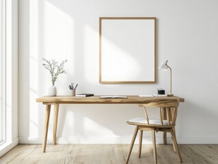 A wooden desk with a white chair and a white wall behind it