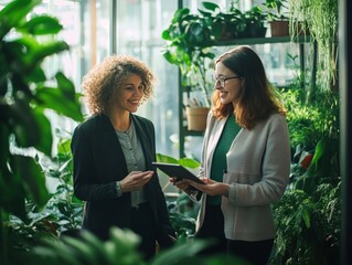 Cheerful businesswomen conversing in green office, utilizing digital tablet for work discussions