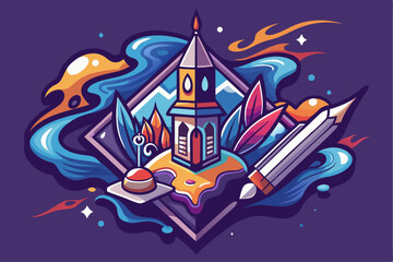 A Colorful Abstract Illustration with a Tower and a Pencil
