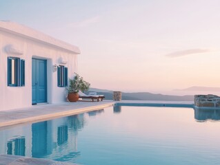 Fototapeta premium A large white house with a blue door and blue shutters