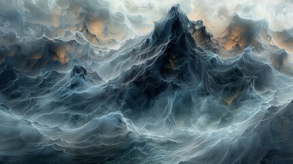 High-Altitude Mountain Range Surrounded by Swirling Clouds and Terrain.