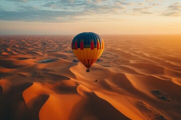 A colorful hot air balloon rises above the expansive golden sands of the desert during a stunning golden hour, creating a mesmerizing view of nature's beauty