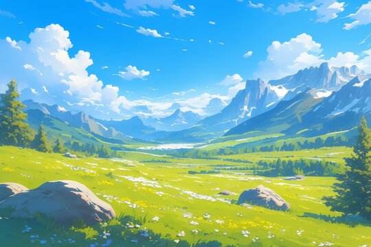 Stunning scenic view of green valley with snowcapped mountains and blue sky, beautiful natural landscape with white clouds and fresh grass. Perfect background for nature, landscape, and travel