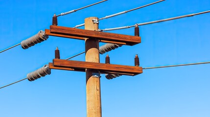 Majestic high-voltage power line tower against a bright blue sky with glass insulators and a hint of chaos script