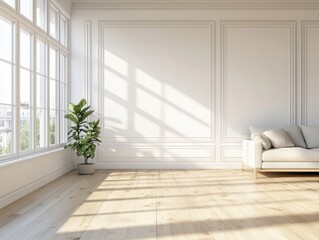 A large, empty living room with a white couch and a potted plant