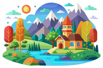 A Picturesque Mountain Landscape with a Cozy House by a River