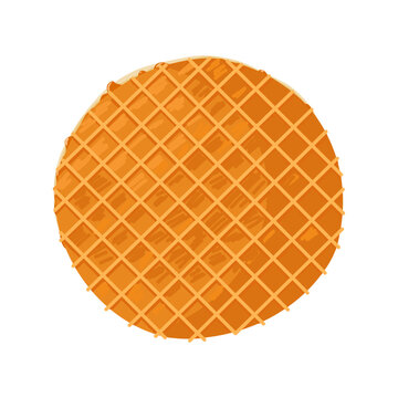 Whole round waffle. Stroopwafel. Dutch bakery and pastry dessert with caramel topping. Vector isolated hand drawn illustration of traditional holland waffle for menu designs, prints, stickers