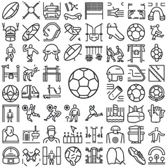 Set of 45 outline icons related to football, soccer. Linear icon collection. Editable stroke. Vector illustration