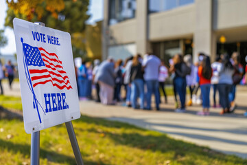 Vote here. Sign with American flag next to polling place. A line of people waiting to vote.