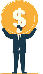 illustration of a businessman standing upright carrying gold coins, as a symbol of success, finances and glory.