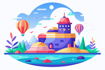 Obraz premium Colorful Landscape with a Castle and Hot Air Balloons