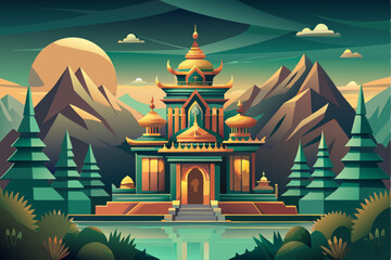 Obraz premium Golden Temple in a Mountainous Landscape with a Water Feature