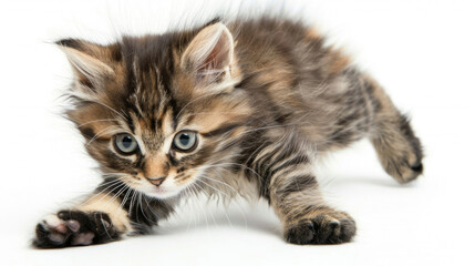 Obraz premium A curious tabby kitten playfully crawls across a smooth white surface, eyes wide with interest