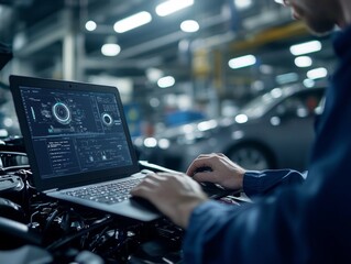 Mechanic analyzing v8 engine performance on laptop in professional garage setting