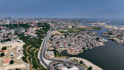 Aerial view of Luanda showcasing urban landscape and coastline in Angola