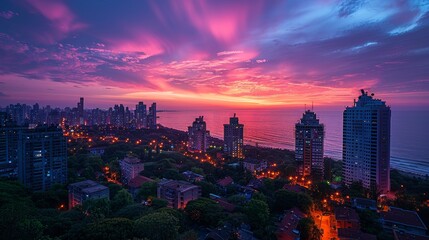 Obraz premium High Viewpoint Cityscape at Twilight with Vibrant City Lights.