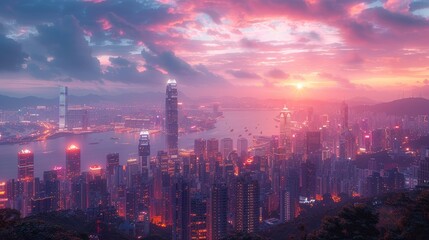 Obraz premium High Viewpoint Twilight Cityscape Showcasing Lights and Colors.