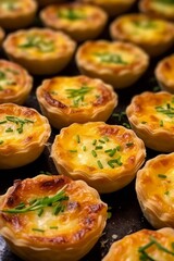 Savory Mini Quiches with Herbs on Wooden Board  