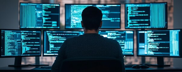 Hacker in a dimly lit room surrounded by multiple monitors filled with intricate code, symbolizing cyberattacks , Dark web activity, Tech vulnerability