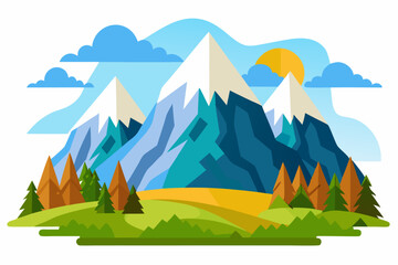 A Flat-Style Illustration of a Mountain Range with Snow-Capped Peaks, Trees, and a Sunny Sky
