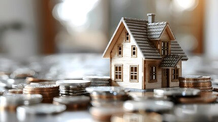 House model on coins, symbolizing financial planning.