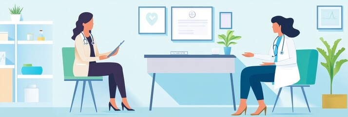 Two women, one a doctor and one a patient, are sitting across from each other in a bright and modern clinic setting, symbolizing healthcare, medical consultation, trust, professionalism, and patient c