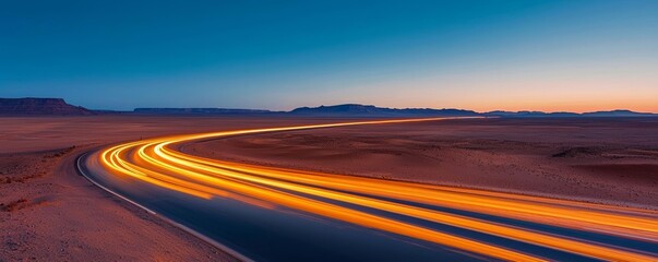 Light trails curving through an empty desert highway, merging natural beauty with modern speed, representing endless possibilities , Long exposure, Night travel