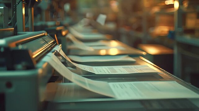 Close-up of a printing press in operation, showcasing the process of printing and production.