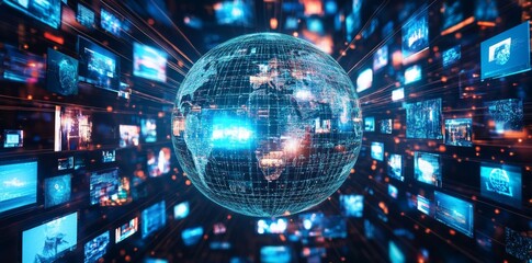 Obraz premium A digital globe surrounded by interconnected television screens displaying various types of advertising media