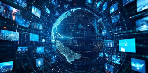 Fototapeta premium A digital globe surrounded by interconnected television screens displaying various types of advertising media
