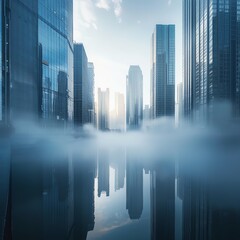 Skyscrapers above the fog during sunrise, reflecting in a still water surface creating a surreal urban skyline.