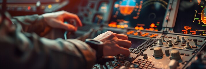 A pilot’s hand adjusting the controls of an airplane in a lit cockpit, with digital displays and instruments prominently illuminated.