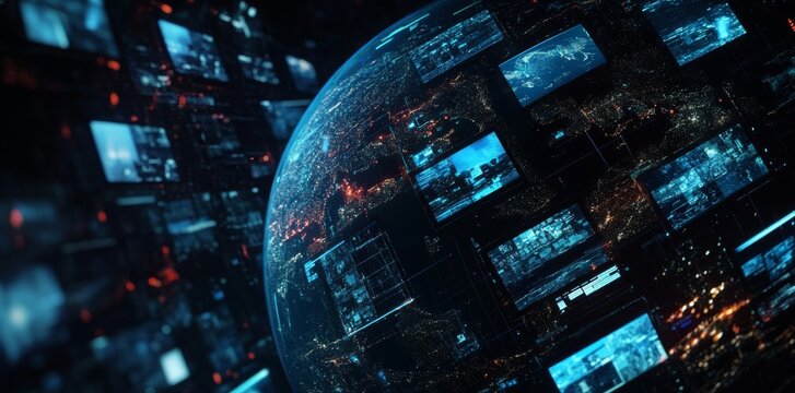A digital globe surrounded by interconnected television screens displaying various types of advertising media