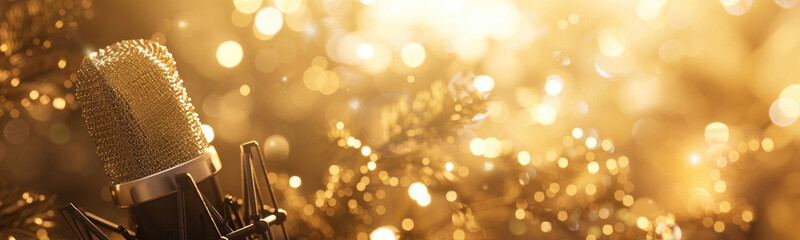 A microphone is placed against a backdrop of shimmering golden lights, creating a festive atmosphere