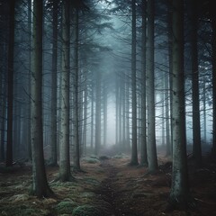 Fototapeta premium Misty forest with tall trees and foggy atmosphere, creating a serene and mysterious landscape perfect for nature and adventure themes.